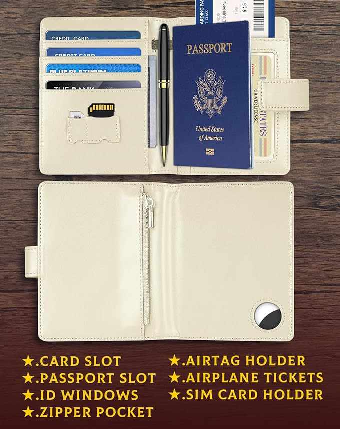 Passport Holder Wallet Cover Case for Women and Men,RFID Blocking,Passport Case with AirTag Slot,Travel Accessories (White)
