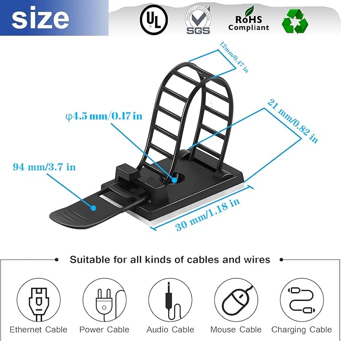 Adjustable Adhesive Cable Management Clips 100Pcs, Large self Adhesive Cable Ties Clips ，Suitable for Cable Management Under desks and on Walls(Black)