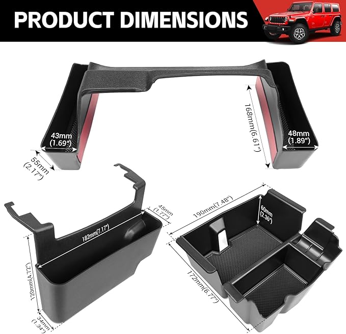 Center Console Gear Shift Organizer Fit for 2018-2025 Jeep Wrangler JL JLU 4XE/Gladiator JT Center Console Armrest Storage Hanging Tray for Wrangler&Gladiator(3-piece Center Console Organizer)