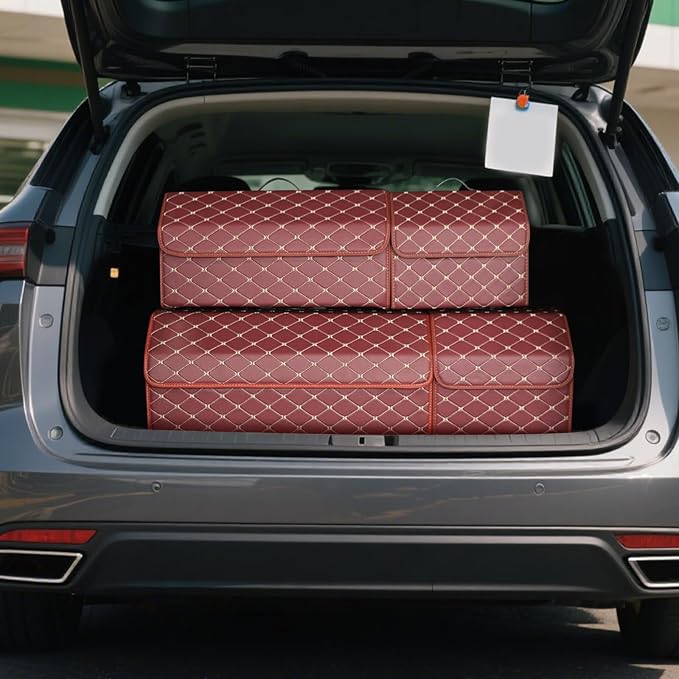 Ergocar Car Trunk Organizer Luxury Foldable Car Boot Tidy Storage Box Waterproof PU Car Boot Storage Organiser for Car/SUV/Truck/Auto (Red Wine-M)