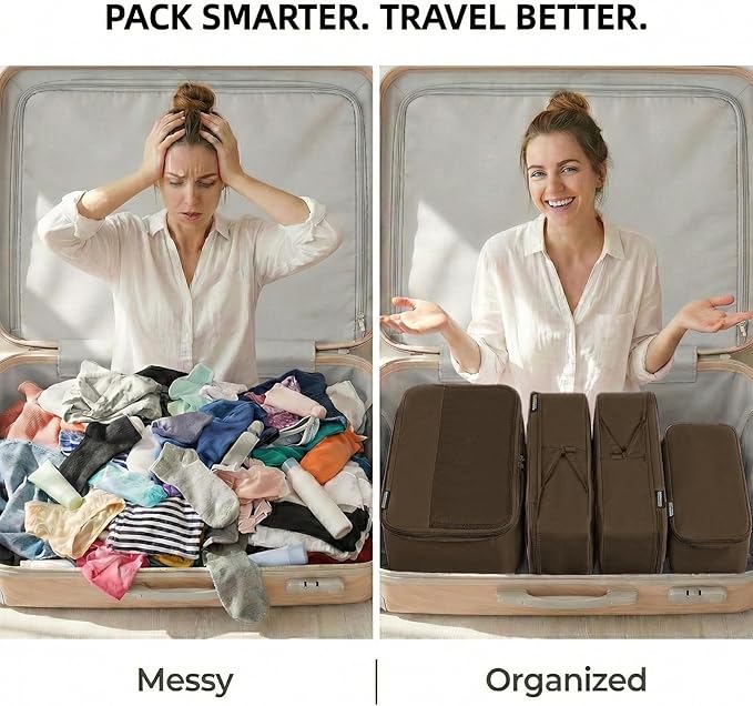 4 Piece Compression Packing Cubes for 3–7 Day Travel, Space Saving Travel Organizers with Breathable Mesh, Double-Zipper Packing Cubes for Carry-On & Suitcases (Gray)