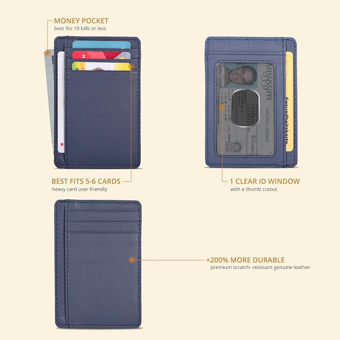 Real Leather Slim Minimalist Wallet for Men and Women -RFID Blocking Front Pocket Thin Credit Card Holder Stylish Wallets (Nappa Navy)