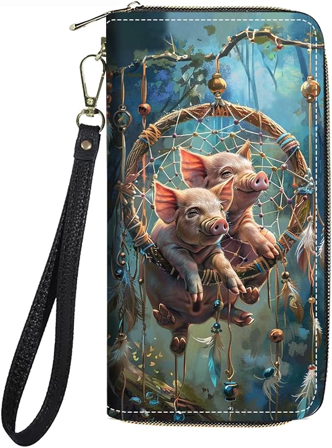 Women's Large Capacity Wallet PU Leather Zip Around Clutch Purse Multifunctional Wallet with Removable Wristlet Strap for Smart Phone/Coin/Card/Cash, Dream Catcher Pig