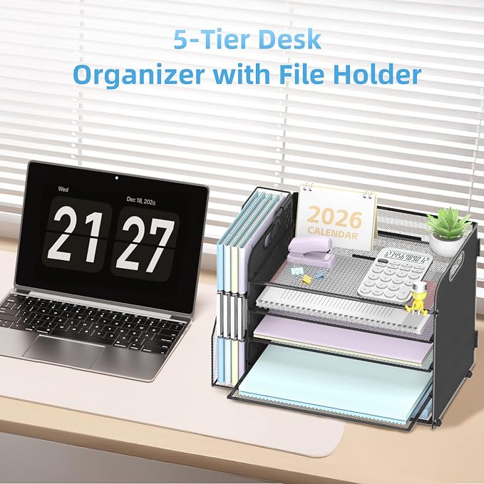 SUPEASY 5-Tier Desk Organizer with File Holder, Desk Organizers and Accessories, Paper Organizer for Desk, Mesh Desktop File Organizer, Workspace Organizers for Office School Home, Black