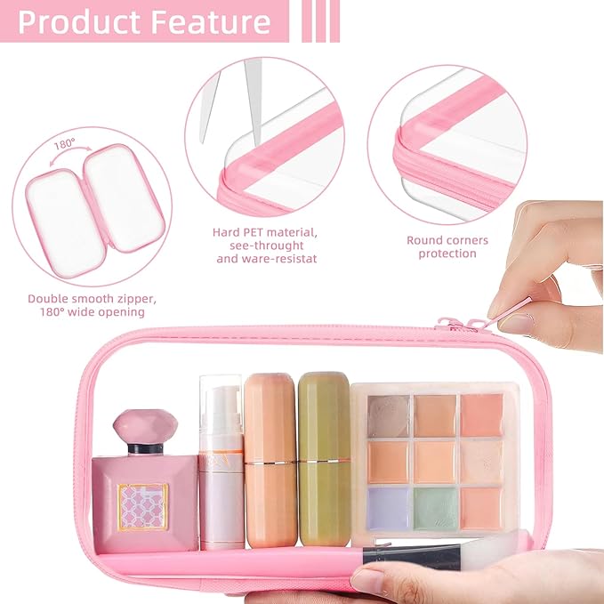 Clear Hard Shell Zipper Case,Clear Toy Storage Pouch,Waterproof Transparent Organizer Comestic Case for Travel, Office, Home (Pink, 3*M)