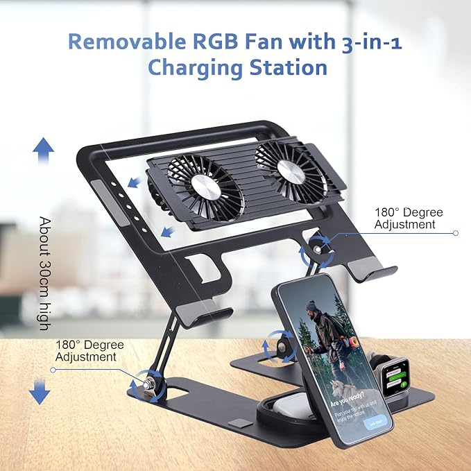 Laptop Stand with 3 in 1 Wireless Charging Station,Laptop Phone Stand with 2 Removable Silent Fans,Adjustable Height and Angle,Sturdy and Portable,Laptop Cooling Pad for 10-15.6 Inch Laptop.