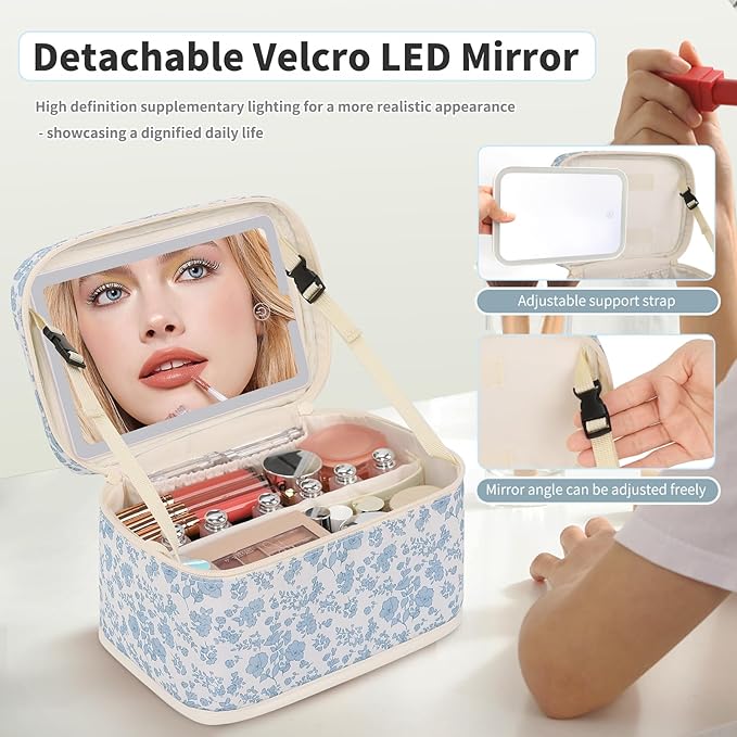 OCHEAL Makeup Bag With LED Mirror, Travel Makeup Bag With 3 Color Setting Light Up Mirror Cosmetic Organizer Vanity Case for Women Beauty Tools Accessories Rechargeable Makeup Travel Bag-Black