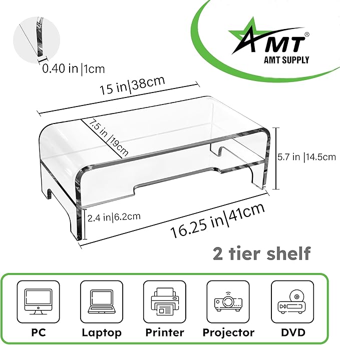 Mnixy AMT Premium Acrylic Clear Monitor Riser Laptop/PC/Multimedia Monitor Stand for Home Office (Medium- 2 Tier)
