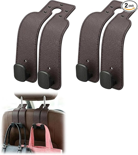2Pcs Headrest Hooks for Car, Car Purse Hook, Double Leather Car Seat Back Storage Hook for Handbags Purses Bags (Brown)