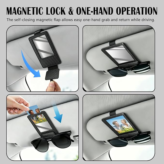 Magnetic 2-in-1 Sunglass & Photo Holder for Car Visor, Leather Anti-Slip No-Fall No-Slide, Fits SUV Truck RV