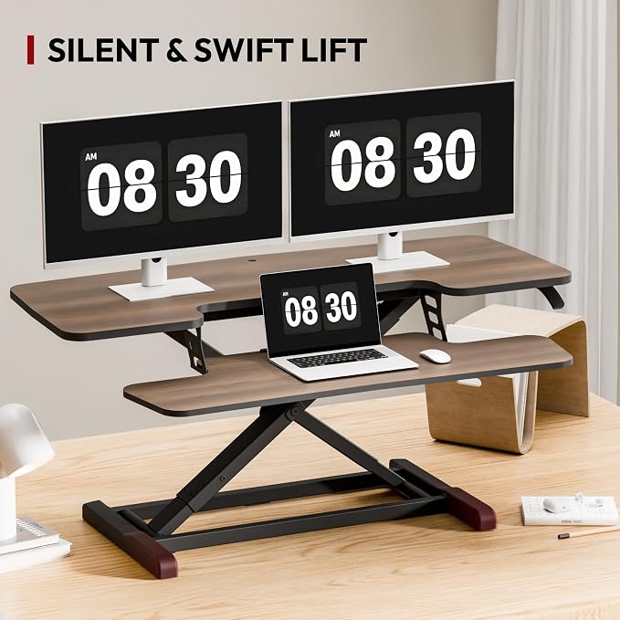 SANODESK 42" Standing Desk Converter, Large Sit-Stand Riser for Dual Monitors & Laptop, Stable Multi-Device Workstation with Keyboard Tray, Home Office Desktop Converter, Walnut
