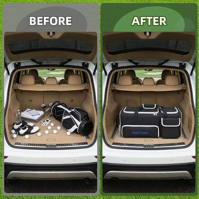 Golf Trunk Organizer, 2-Layer Car Trunk Locker with Ventilated Shoe Compartment for 2 Pairs, Adjustable Dividers, Multi-Pocket Storage for Balls Tees Gloves Towels