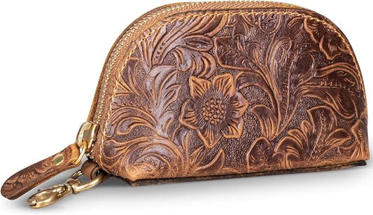 Gexmil Genuine Leather Coin Purse with Zipper, Full Grain Leather, Mini Coin Pouch for Women Men, Change Wallet,Floral Brown