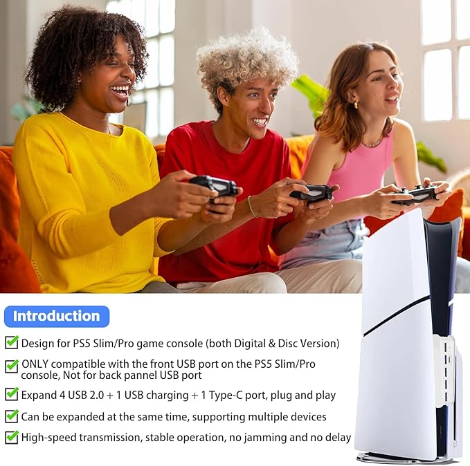 6 Ports USB Hub for PS5 Pro/Slim Console, High-Speed Expander Hub Charger Port with 4 USB-A 2.0 + 1 USB Charging Port + 1 Type C Port, Compatible with PlayStation 5 Pro/Slim Front Jacks, White