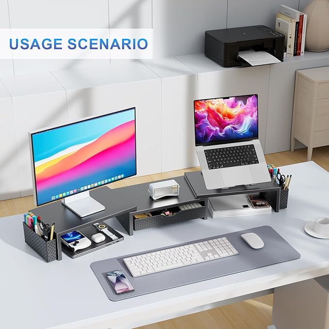 gianotter Dual Monitor Stand Riser, Desk Organizer With Drawer and 2 Pen Holders, Computer Monitor Stand, Desk Shelf for Top of Desk (Black)