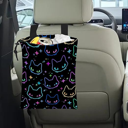 Car Trash Bag Colorful Neon Cat Heads Car Garbage Bag Hanging Car Trash Can for Back Seat with Drawstring, Waterproof Garbage Bags for Accessories Vehicle Travelling Camping Outdoor