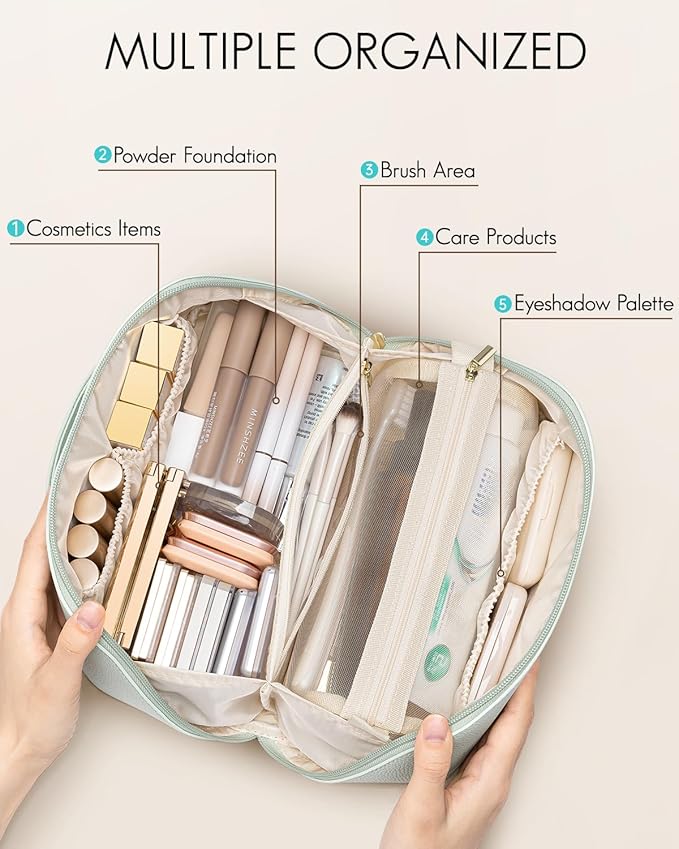 VLANDO Makeup Bag,Travel Toiletry Bag,Cosmetic Bag for Women PU Leather Portable Make up Bag for Skincare, Brushes & Travel Essentials-Mint Green