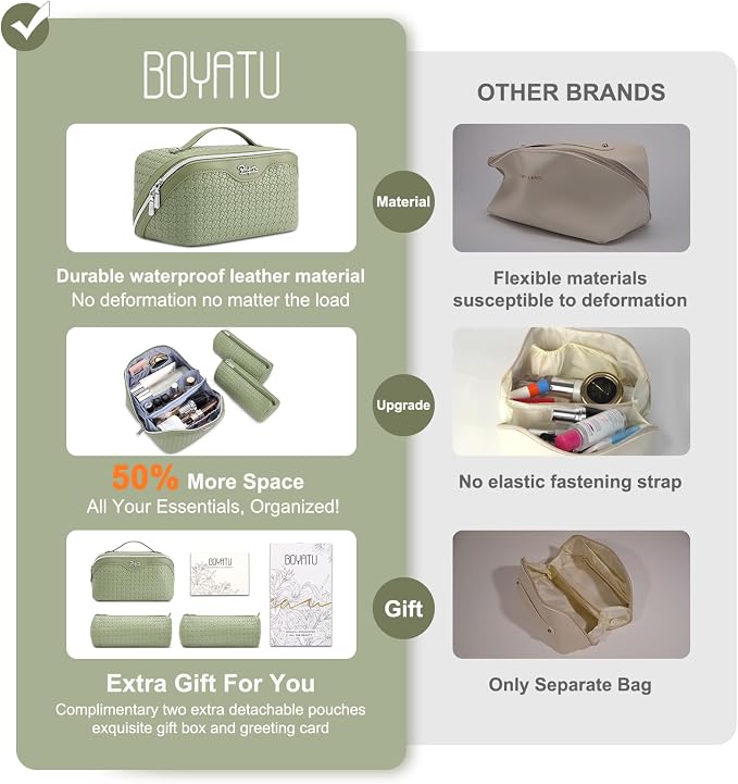 BOYATU Travel Makeup Bag Cosmetic Bags for Women: Large Capacity 3 Pcs Set Make up Bag with Compartments - Waterproof Vegan Leather Toiletry Organizer Bags with Handle (L51Grass Green)