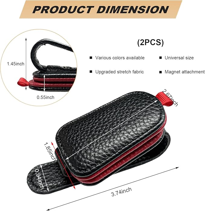 2 PCS Sunglasses Holders for Car Visor, Magnetic Leather Eyeglasses Hanger Mounter Ticket Card Clip, Auto Sun Visor Glasses Holder Business Card Organizer for Men Women (Black & Red)