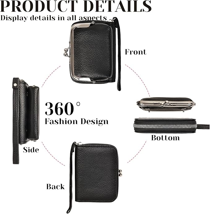 Women's RFID Blocking Wristlet Wallet - 2-in-1 Zip-Around with Coin Purse & Card Slots - Vegan Leather with Secure Clasp (Gift Ready)(Black)