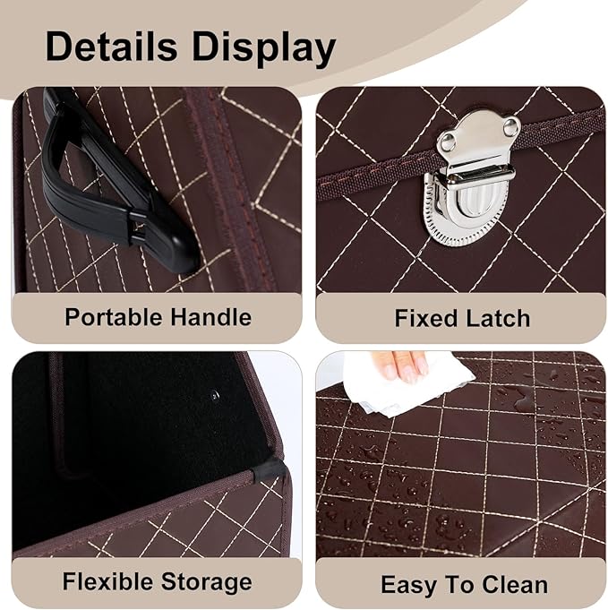 Trunk Organizer with Lid for Car Foldable Storage Box Heavy Duty PU Leather Cargo Organizer for SUV Sedan Waterproof (Brown, Small)