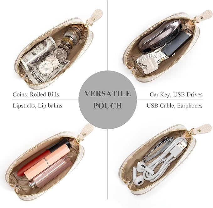 Full Grain Leather Coin Pouch - Travel Small Coin Purse with Zipper - Mini Key Pouch Change Purse for Women and Men (Off White, Large Size)