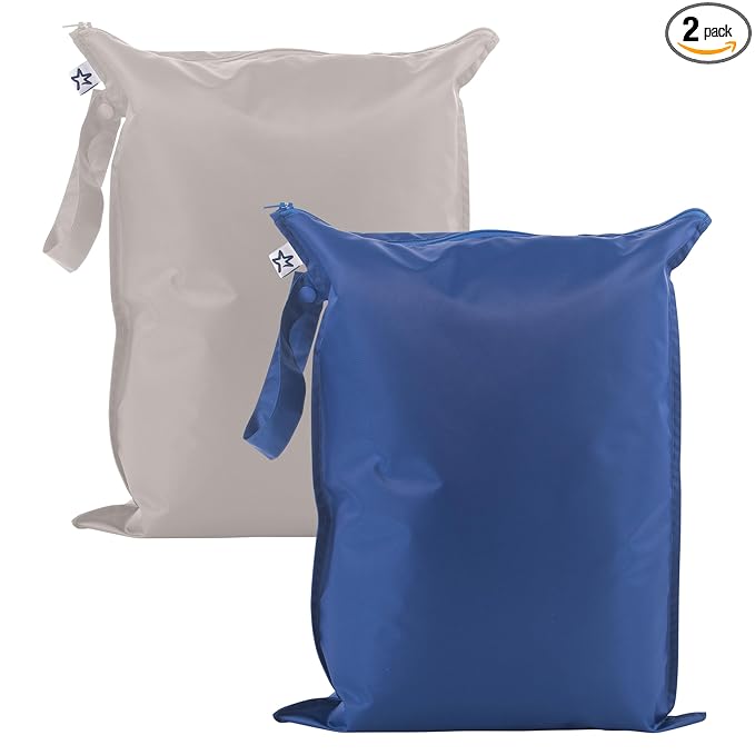Tiny Twinkle Mess Proof Wet Bags | 2-Pack Reusable Waterproof Wet Bags for Swimsuits | Baby Clothes | Travel & Diaper Bag (Grey, Indigo)