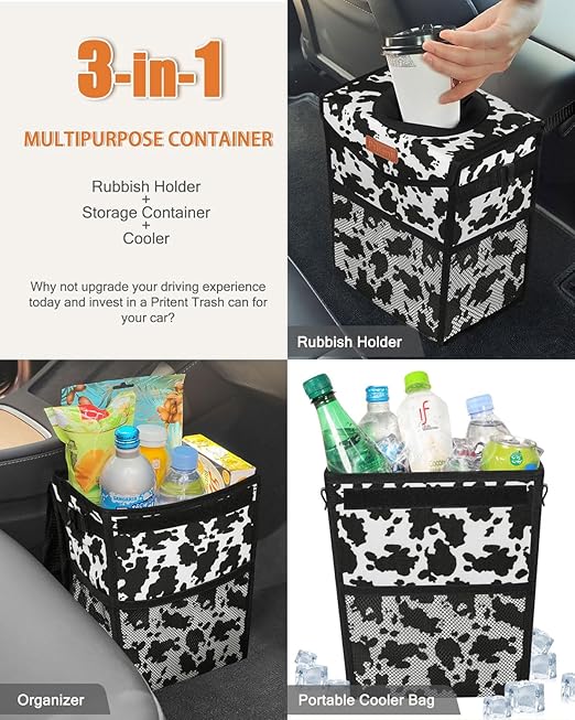 Pritent Car Trash Can with Lid, Cute Leakproof Car Trash Garbage Bag Hanging Vehicle Trash Bin Small Portable Automotive Garbage Cans Organizer for Back/Front Seat/Console(2.8 Gallons,Cow Print)