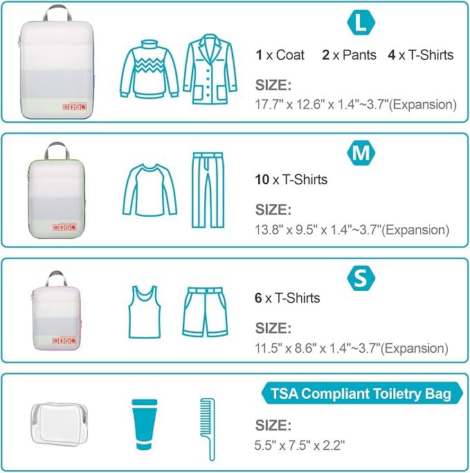 Cambond Compression Packing Cubes for Travel - Lightweight Expandable Travel Bags Luggage Organizers Travel Essentials Compression Cubes for Travel Space Saver for Carry on Suitcases Organizer