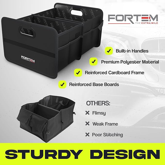 FORTEM Car Trunk Organizer, Collapsible Two Compartment Organizer, Foldable SUV & Truck Storage for Car Accessories for Women Men, Non Slip Bottom, Sturdy Side Walls, Strong Handles, 60L