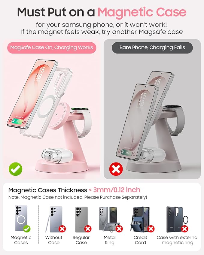 Magnetic Wireless Charger for Samsung, 3 in 1 Charging Station Compatible with MagSafe Samsung Charger for Galaxy S26 Ultra S25 Z Fold7/Flip7, Watch Charger Stand for Galaxy Watch Ultra 8 7, Pink