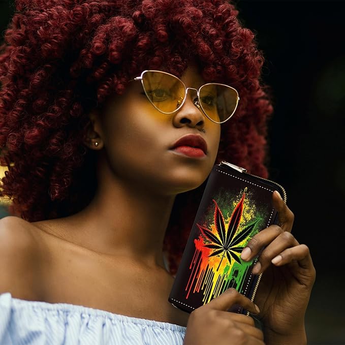 RFID-Blocking Zip Around Wallets for Women with Detachable Wrist Strap,Large Capacity Phone Holder with Card Organizer & Coin Pocket,Marijuana Leaf Weed