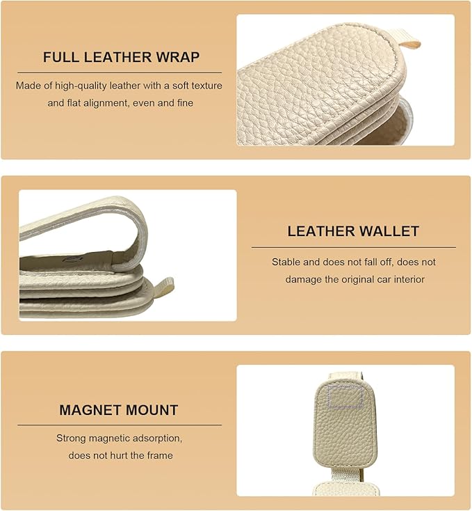 2 PCS Sunglasses Holders for Car Visor, Magnetic Leather Eyeglasses Hanger Mounter Ticket Card Clip, Auto Sun Visor Glasses Holder Business Card Organizer for Men Women (Beige)
