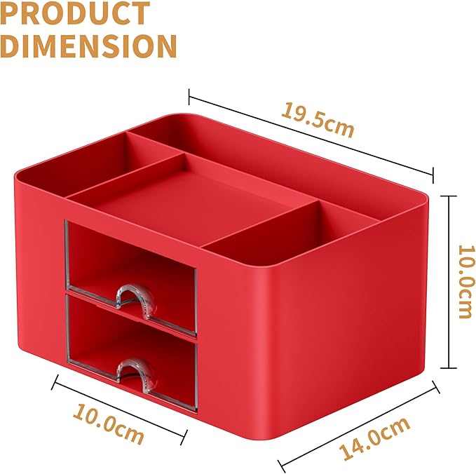 Marbrasse Pen Organizer with 2 Drawer, Multi-Functional Pencil Holder for Desk, Desk Organizers and Accessories with 5 Compartments + Drawer for Office Art Supplies (Red)