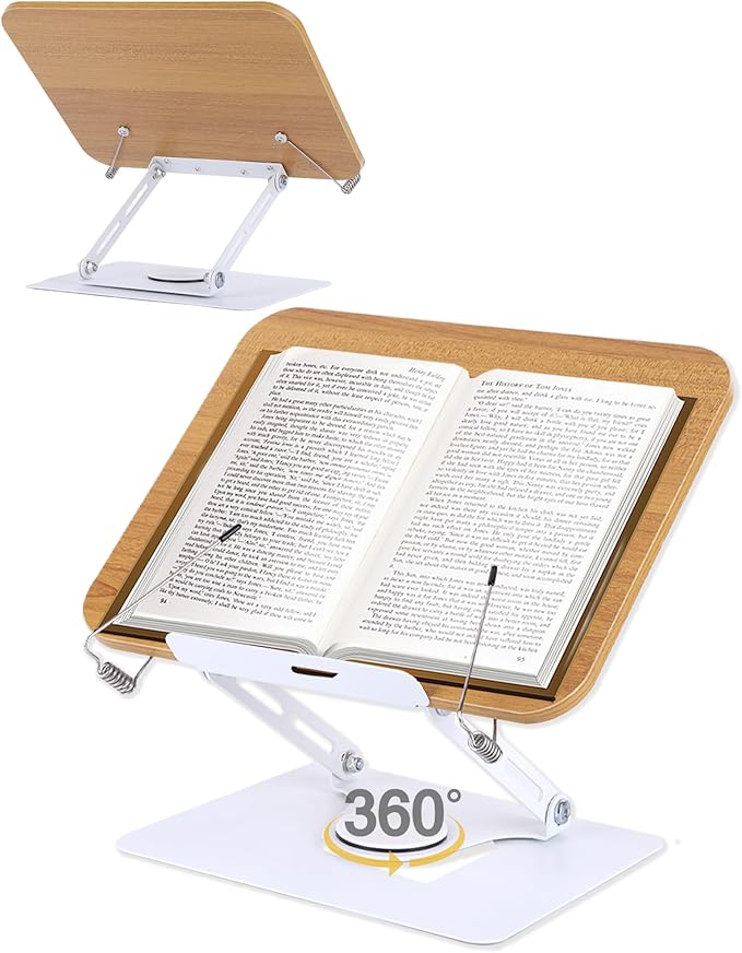 ASIEIT Book Stand for Reading, Adjustable Book Holder with 360° Rotating Base & Elastic Page Clips, Foldable Cookbook Stand, Portable Display Stand for Bible, Recipe, Magazine, Tablet, Laptop, Natural