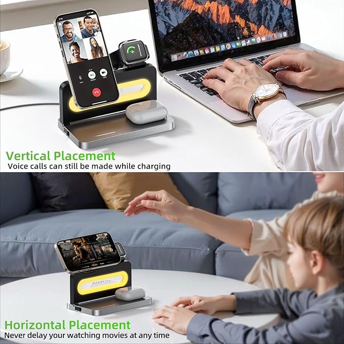 3 in 1 Wireless Charging Station for Apple MagSafe Charger,Magnetic Wireless Charger Stand for iPhone 16 15 14 13 12,Foldable Nightstand Charging Dock for Apple Devices iWatch,AirPods with Night Light