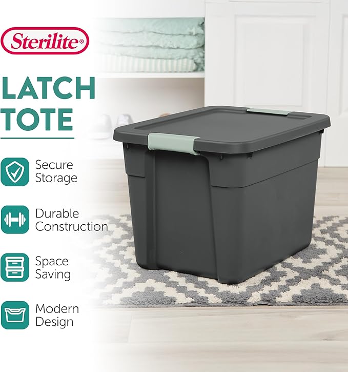Sterilite 6-Pack Latch Tote, Stackable Plastic Storage Container Bins with Lids, 12 Gallon, Gray/Green - Latching Boxes for Bedroom, Bathroom, Garage, and Office Organization