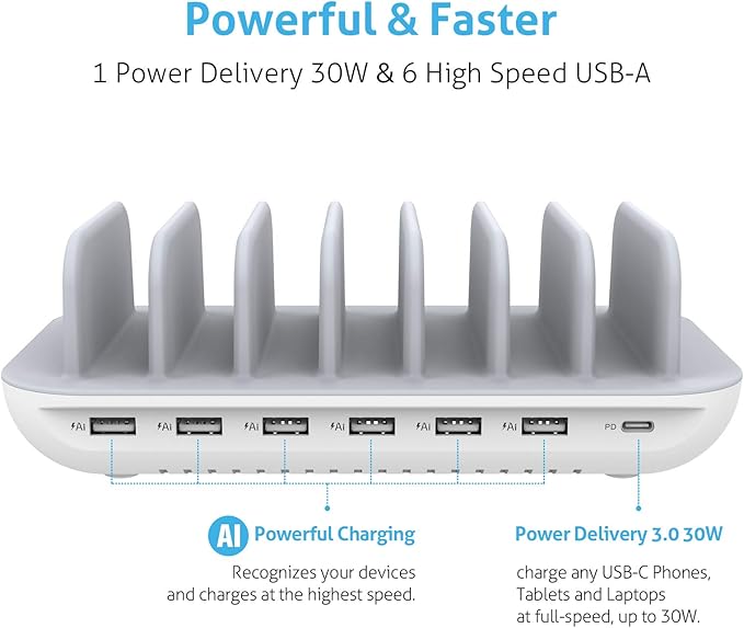 SooPii 70W 7 Port Charging Station for Multiple Devices,Charger Station with One 30W Power Delivery Port for Laptops,and 6 USB Ports for Smart Phones,Tablets,Other Electronics, White