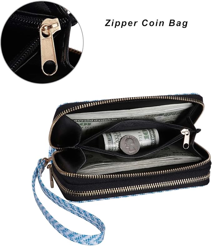 Cellphone Wallet for Women Dual Zipper Long Purse with Removable Wristlet