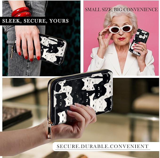 RFID-Blocking Zip Around Wallets for Women with Detachable Wrist Strap,Large Capacity Phone Holder with Card Organizer & Coin Pocket,Cute Funny Cats Pattern
