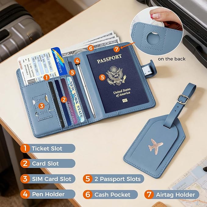 Melsbrinna Rfid Passport Holder for Travel women/Men Set Travel Suitcase Tag, Cute Passport Wallet Rfid Blocking Card Slots, Rfid Passport Cover/CaseTravel Wallet (A-greygreen)