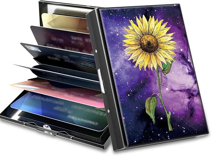 Slim Credit Card Holder, Sunflower Yellow Purple Galaxy RFID Blocking Metal Wallet for Men & Women, Aluminum Minimalist Hard Case Pocket-Sized Business Cards Organizer (Fits Up to 10 Cards)