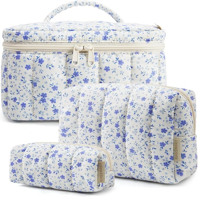 BAGSMART Travel Makeup Bag for Women, 3 Pcs Puffy Quilted Cotton Cosmetic Organizer, Large Toiletry Case and Small Purse Pouch for Gym, Work, Girls (Blue Ditsy Floral)