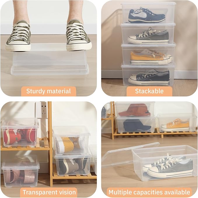 Stackable Clear Storage Bins with Lids Shoe Boxes 12 Packs Plastic Storage Containers 6 Quart Latching Plastic Shoe Boxes With Lids (Clear)