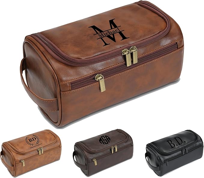 Toiletry Bag for Men, Personalized Travel Shaving Dopp Kit Water-resistant Bathroom Toiletries Organizer PU Leather Cosmetic Bags