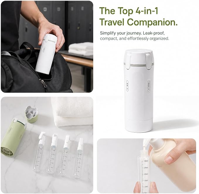 4 in 1 Travel Dispenser Bottle Set, Leak-Proof, Lightweight, Refillable Squeeze Bottles for Travel Toiletries (White)