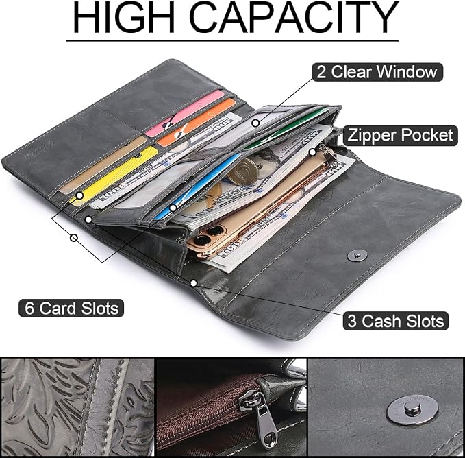 MEITRUE Women's Wallet Leather RFID Blocking Trifold Ladies Purse Embossed long Clutch Card Holder Phone Checkbook Organizer
