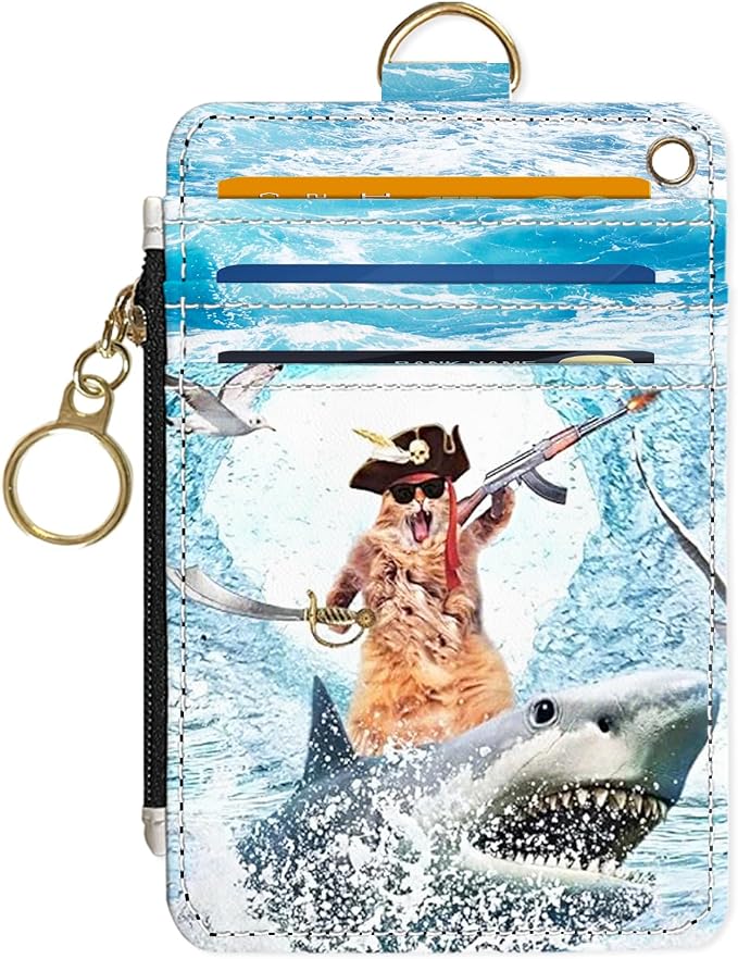 Slim Wallet Credit Card Holder, Sharks and Cats, RFID Wallet Women Cute Small Front Pocket Wallet With Zipper, PU Leather Thin travel RFID Blocking Card Case ID Window,Ladies Gifts