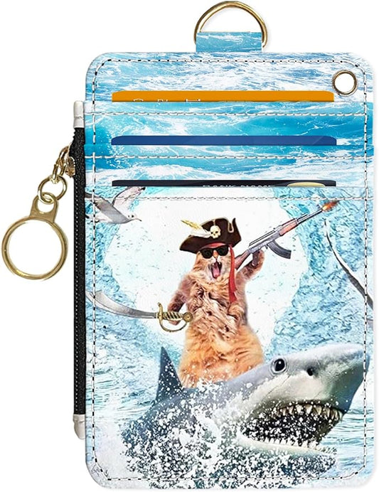Slim Wallet Credit Card Holder, Sharks and Cats, RFID Wallet Women Cute Small Front Pocket Wallet With Zipper, PU Leather Thin travel RFID Blocking Card Case ID Window,Ladies Gifts
