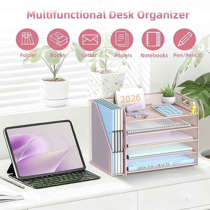 SUPEASY 5-Tier Desk Organizer with File Holder, Desk Organizers and Accessories, Paper Organizer for Desk, Mesh Desktop File Organizer, Workspace Organizers for Office School Home, Pink